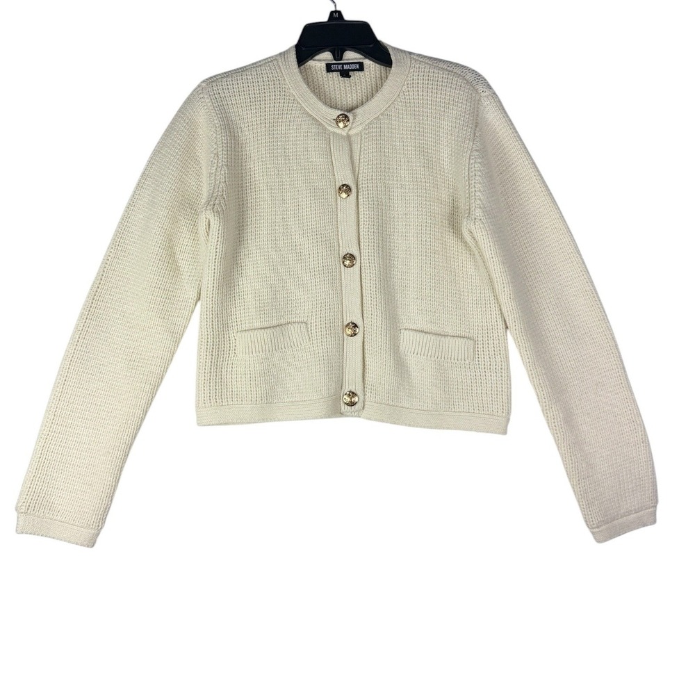 Steve Madden Womens Cream Waffle Knit Cardigan Gold Crest Button Sweater